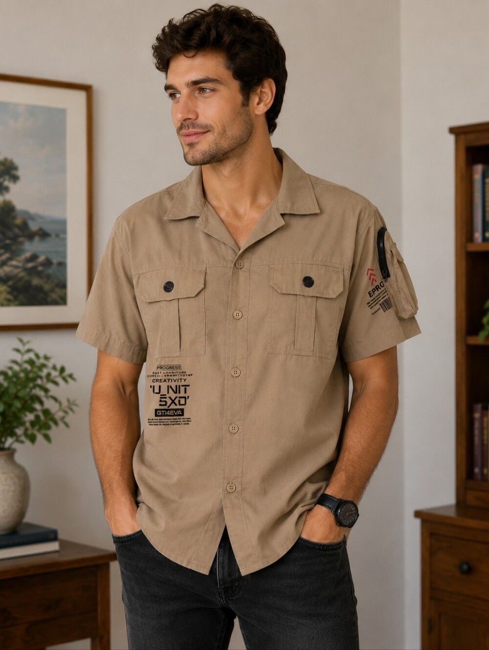 Men's Short Sleeve Button-Down Shirt in Khaki Brown